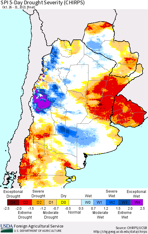 Southern South America SPI 5-Day Drought Severity (CHIRPS) Thematic Map For 10/26/2021 - 10/31/2021