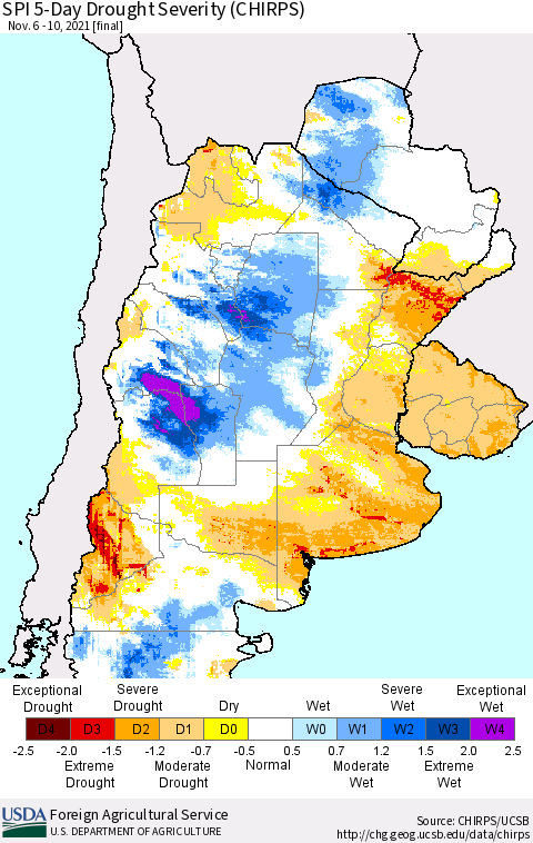 Southern South America SPI 5-Day Drought Severity (CHIRPS) Thematic Map For 11/6/2021 - 11/10/2021