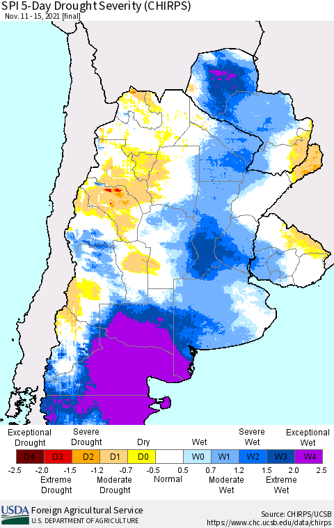 Southern South America SPI 5-Day Drought Severity (CHIRPS) Thematic Map For 11/11/2021 - 11/15/2021