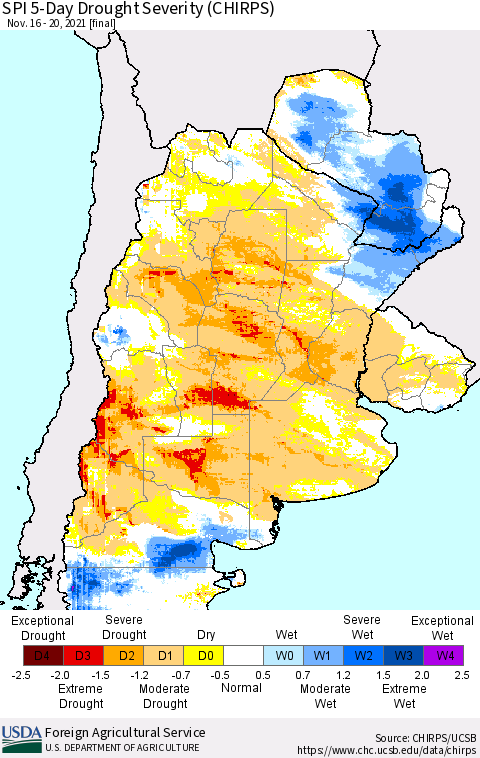 Southern South America SPI 5-Day Drought Severity (CHIRPS) Thematic Map For 11/16/2021 - 11/20/2021