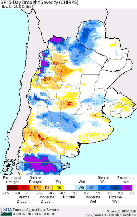 Southern South America SPI 5-Day Drought Severity (CHIRPS) Thematic Map For 11/21/2021 - 11/25/2021