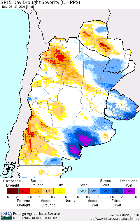 Southern South America SPI 5-Day Drought Severity (CHIRPS) Thematic Map For 11/26/2021 - 11/30/2021