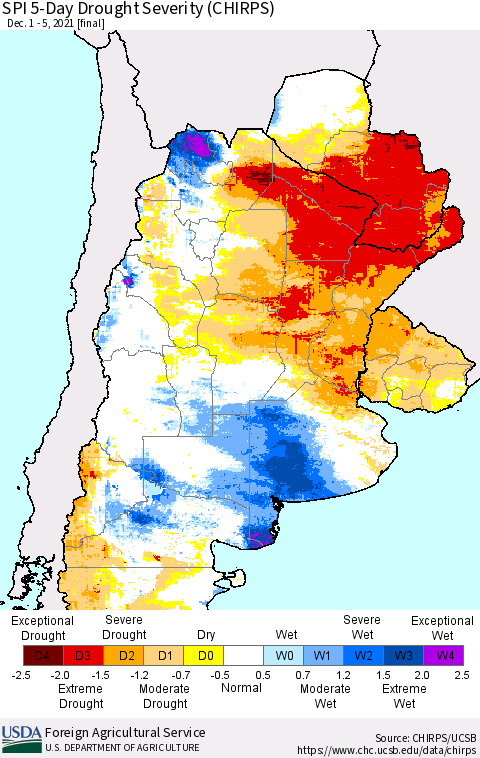 Southern South America SPI 5-Day Drought Severity (CHIRPS) Thematic Map For 12/1/2021 - 12/5/2021
