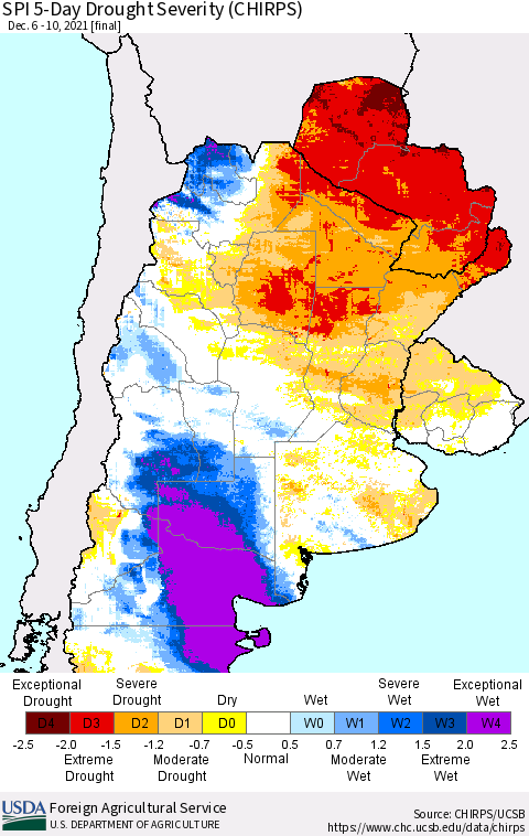 Southern South America SPI 5-Day Drought Severity (CHIRPS) Thematic Map For 12/6/2021 - 12/10/2021