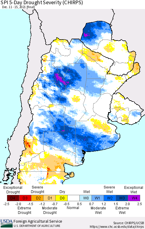 Southern South America SPI 5-Day Drought Severity (CHIRPS) Thematic Map For 12/11/2021 - 12/15/2021