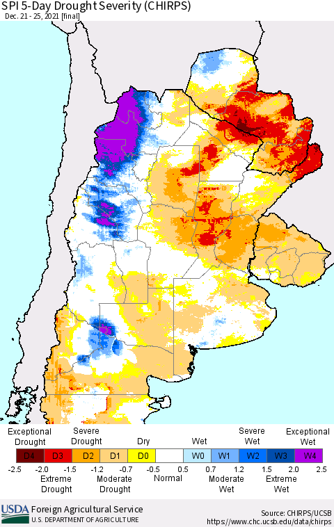 Southern South America SPI 5-Day Drought Severity (CHIRPS) Thematic Map For 12/21/2021 - 12/25/2021