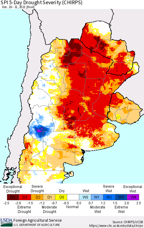 Southern South America SPI 5-Day Drought Severity (CHIRPS) Thematic Map For 12/26/2021 - 12/31/2021