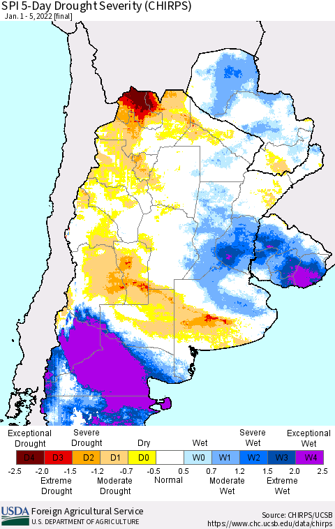 Southern South America SPI 5-Day Drought Severity (CHIRPS) Thematic Map For 1/1/2022 - 1/5/2022