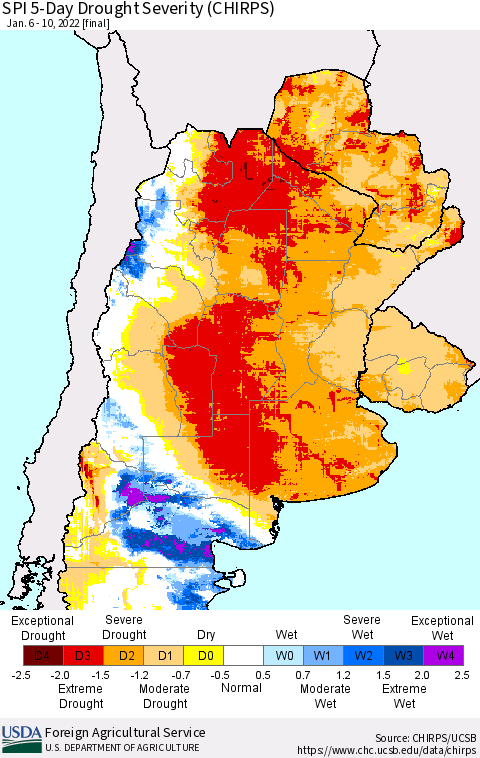 Southern South America SPI 5-Day Drought Severity (CHIRPS) Thematic Map For 1/6/2022 - 1/10/2022