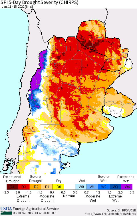 Southern South America SPI 5-Day Drought Severity (CHIRPS) Thematic Map For 1/11/2022 - 1/15/2022
