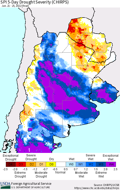 Southern South America SPI 5-Day Drought Severity (CHIRPS) Thematic Map For 1/21/2022 - 1/25/2022