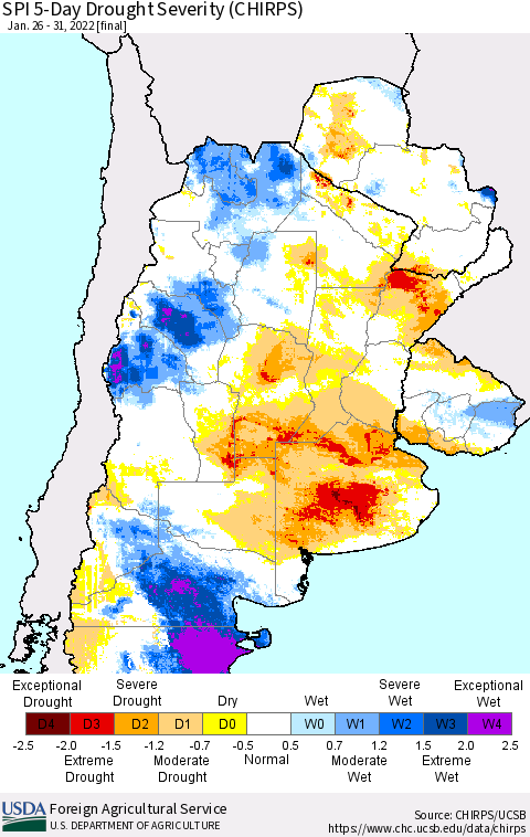 Southern South America SPI 5-Day Drought Severity (CHIRPS) Thematic Map For 1/26/2022 - 1/31/2022