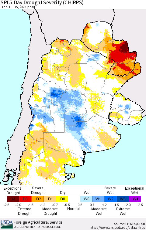 Southern South America SPI 5-Day Drought Severity (CHIRPS) Thematic Map For 2/11/2022 - 2/15/2022