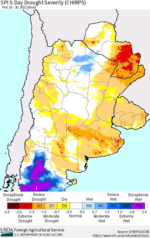 Southern South America SPI 5-Day Drought Severity (CHIRPS) Thematic Map For 2/16/2022 - 2/20/2022