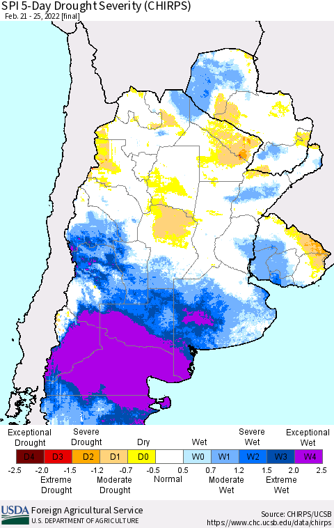 Southern South America SPI 5-Day Drought Severity (CHIRPS) Thematic Map For 2/21/2022 - 2/25/2022