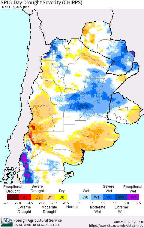 Southern South America SPI 5-Day Drought Severity (CHIRPS) Thematic Map For 3/1/2022 - 3/5/2022