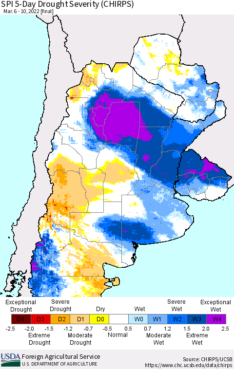 Southern South America SPI 5-Day Drought Severity (CHIRPS) Thematic Map For 3/6/2022 - 3/10/2022