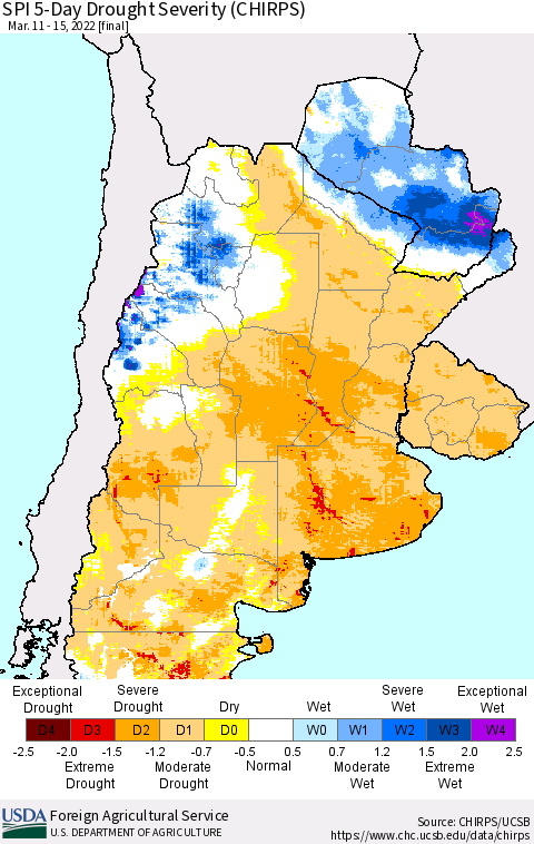 Southern South America SPI 5-Day Drought Severity (CHIRPS) Thematic Map For 3/11/2022 - 3/15/2022