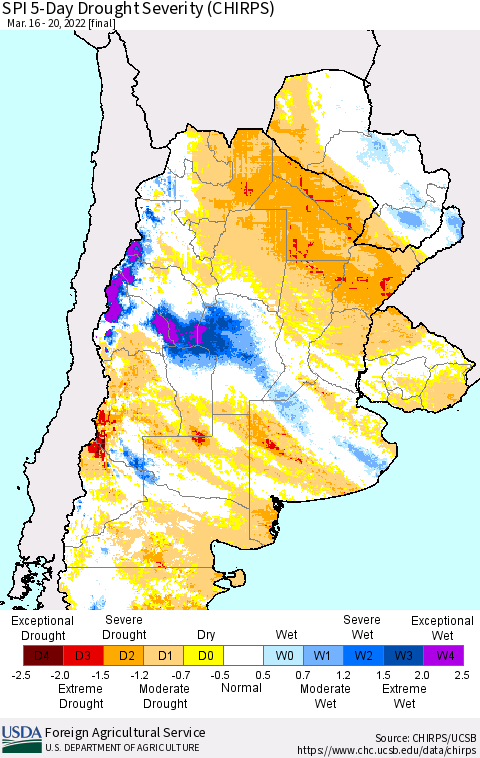 Southern South America SPI 5-Day Drought Severity (CHIRPS) Thematic Map For 3/16/2022 - 3/20/2022