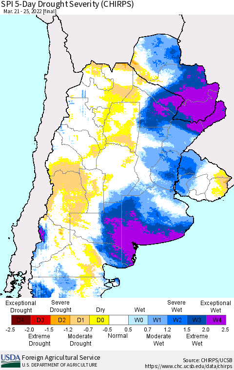 Southern South America SPI 5-Day Drought Severity (CHIRPS) Thematic Map For 3/21/2022 - 3/25/2022