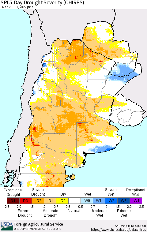 Southern South America SPI 5-Day Drought Severity (CHIRPS) Thematic Map For 3/26/2022 - 3/31/2022
