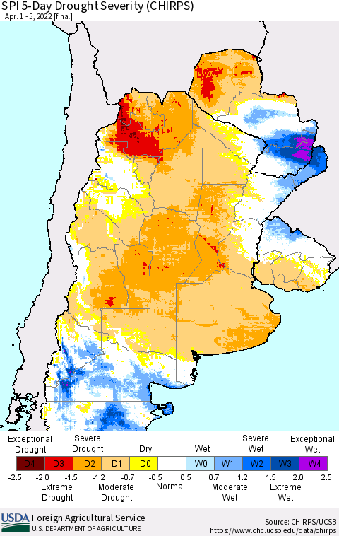 Southern South America SPI 5-Day Drought Severity (CHIRPS) Thematic Map For 4/1/2022 - 4/5/2022