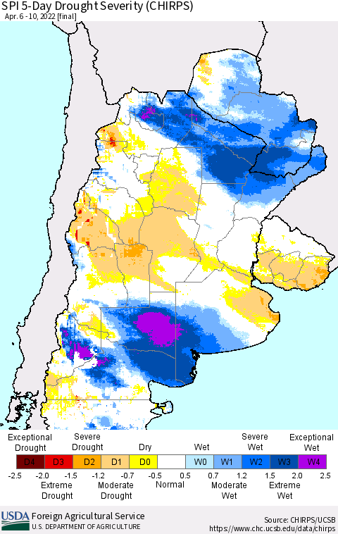 Southern South America SPI 5-Day Drought Severity (CHIRPS) Thematic Map For 4/6/2022 - 4/10/2022
