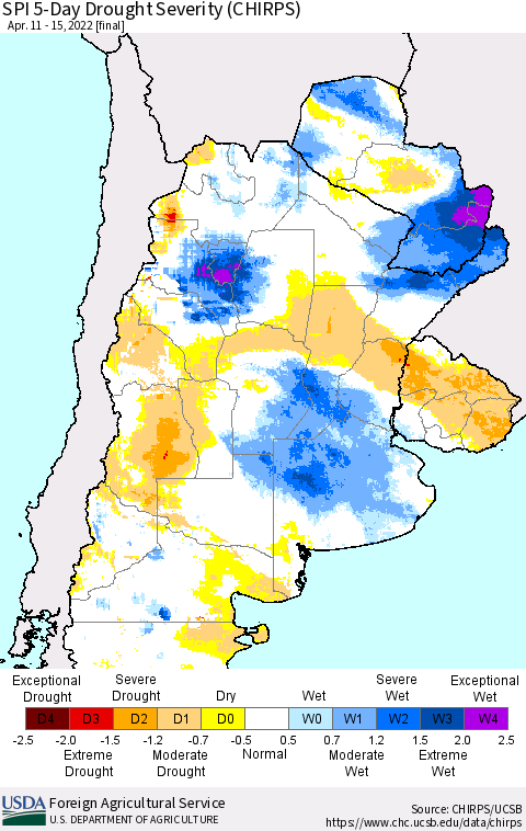 Southern South America SPI 5-Day Drought Severity (CHIRPS) Thematic Map For 4/11/2022 - 4/15/2022