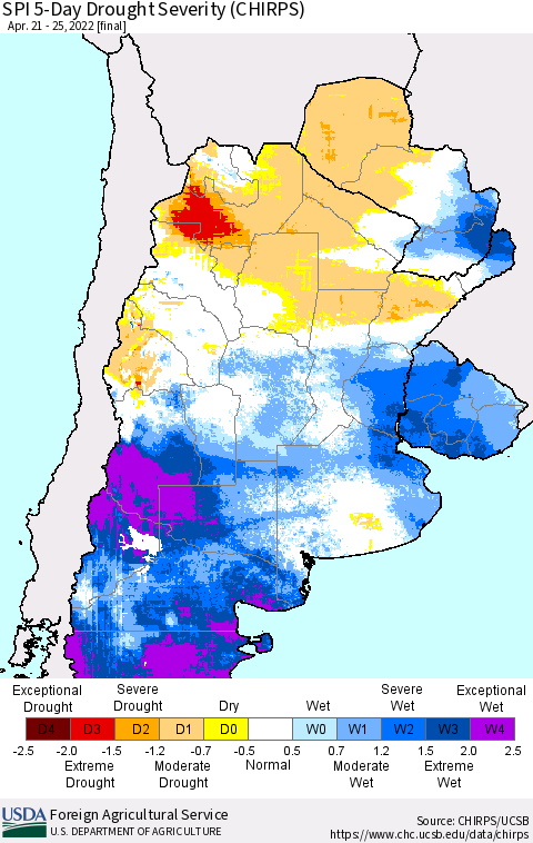Southern South America SPI 5-Day Drought Severity (CHIRPS) Thematic Map For 4/21/2022 - 4/25/2022