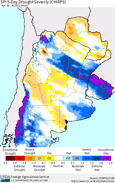 Southern South America SPI 5-Day Drought Severity (CHIRPS) Thematic Map For 4/26/2022 - 4/30/2022