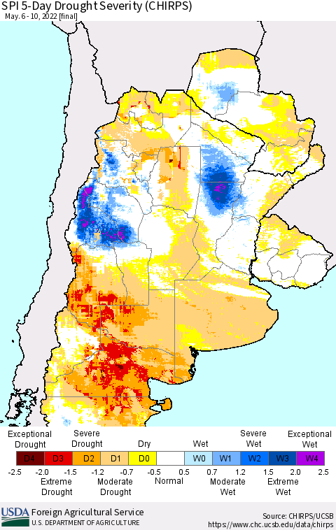 Southern South America SPI 5-Day Drought Severity (CHIRPS) Thematic Map For 5/6/2022 - 5/10/2022
