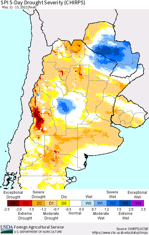 Southern South America SPI 5-Day Drought Severity (CHIRPS) Thematic Map For 5/11/2022 - 5/15/2022
