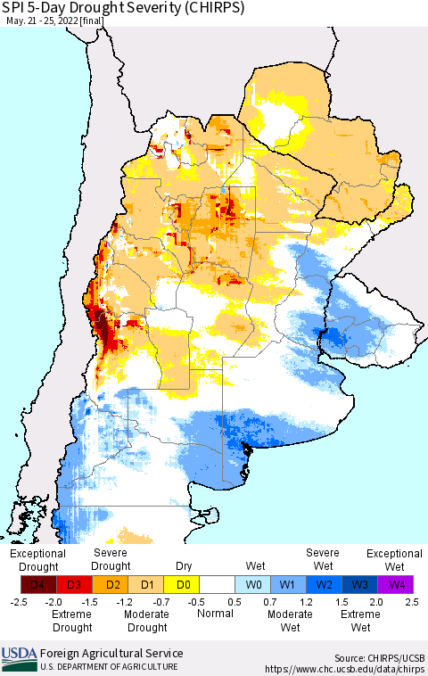 Southern South America SPI 5-Day Drought Severity (CHIRPS) Thematic Map For 5/21/2022 - 5/25/2022