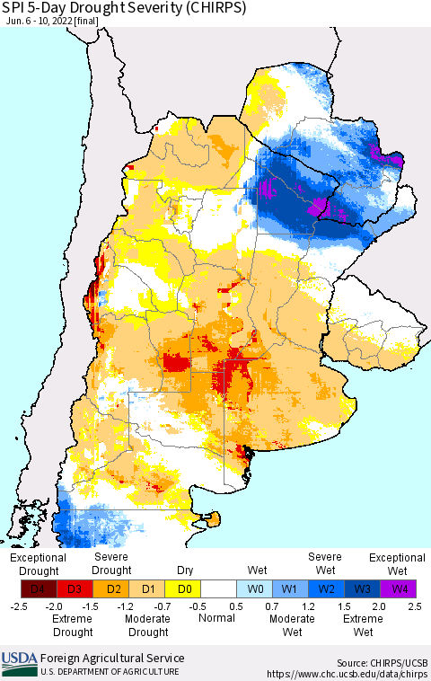 Southern South America SPI 5-Day Drought Severity (CHIRPS) Thematic Map For 6/6/2022 - 6/10/2022