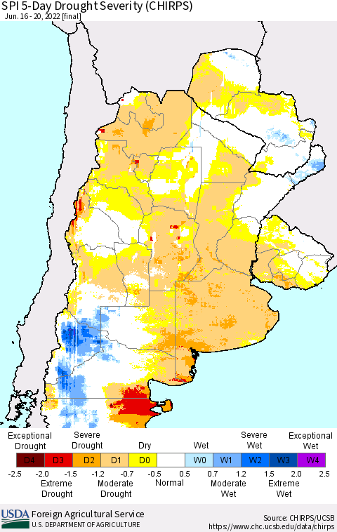 Southern South America SPI 5-Day Drought Severity (CHIRPS) Thematic Map For 6/16/2022 - 6/20/2022