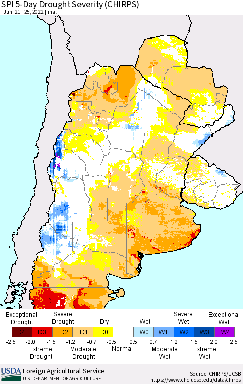 Southern South America SPI 5-Day Drought Severity (CHIRPS) Thematic Map For 6/21/2022 - 6/25/2022