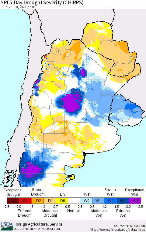 Southern South America SPI 5-Day Drought Severity (CHIRPS) Thematic Map For 6/26/2022 - 6/30/2022