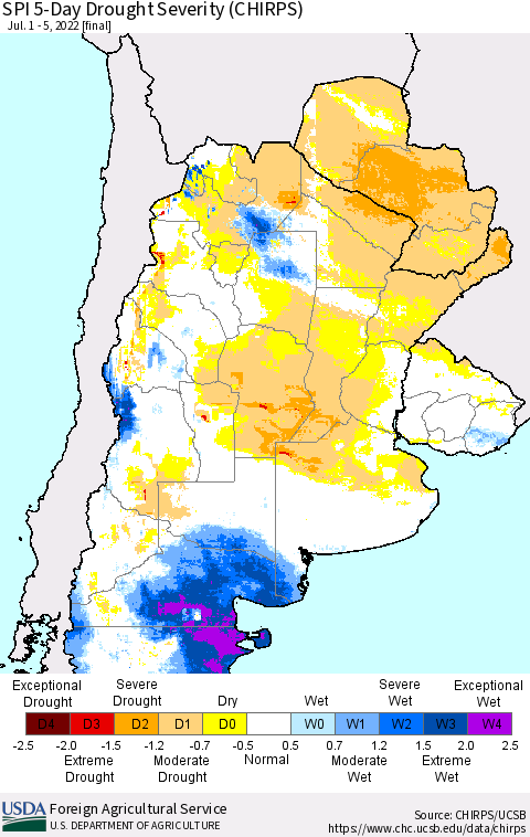Southern South America SPI 5-Day Drought Severity (CHIRPS) Thematic Map For 7/1/2022 - 7/5/2022