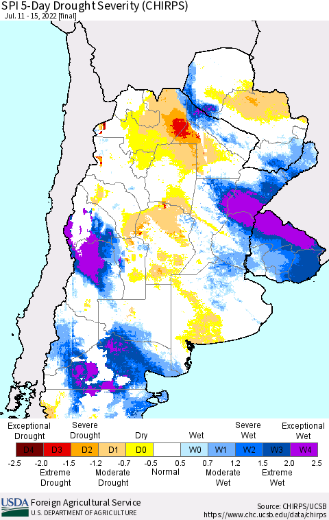 Southern South America SPI 5-Day Drought Severity (CHIRPS) Thematic Map For 7/11/2022 - 7/15/2022