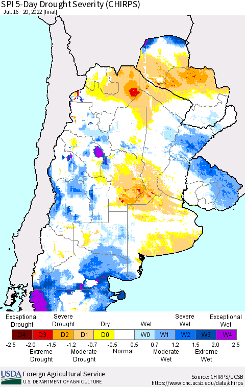 Southern South America SPI 5-Day Drought Severity (CHIRPS) Thematic Map For 7/16/2022 - 7/20/2022