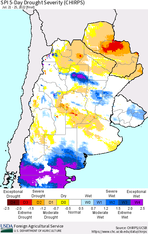 Southern South America SPI 5-Day Drought Severity (CHIRPS) Thematic Map For 7/21/2022 - 7/25/2022