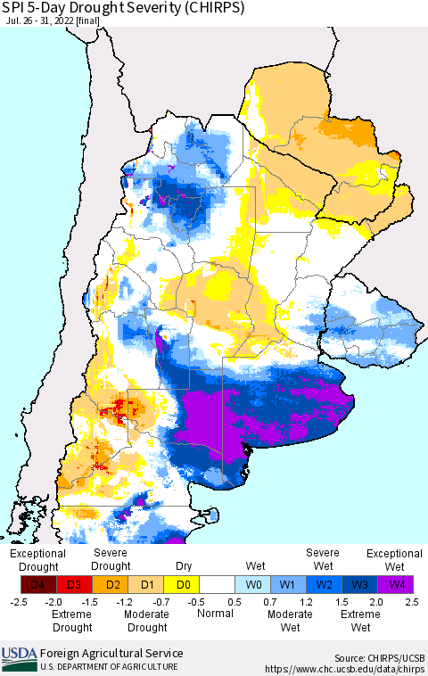 Southern South America SPI 5-Day Drought Severity (CHIRPS) Thematic Map For 7/26/2022 - 7/31/2022