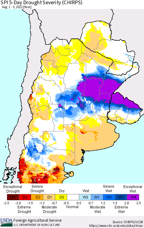 Southern South America SPI 5-Day Drought Severity (CHIRPS) Thematic Map For 8/1/2022 - 8/5/2022