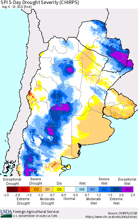 Southern South America SPI 5-Day Drought Severity (CHIRPS) Thematic Map For 8/6/2022 - 8/10/2022