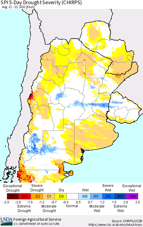 Southern South America SPI 5-Day Drought Severity (CHIRPS) Thematic Map For 8/21/2022 - 8/25/2022