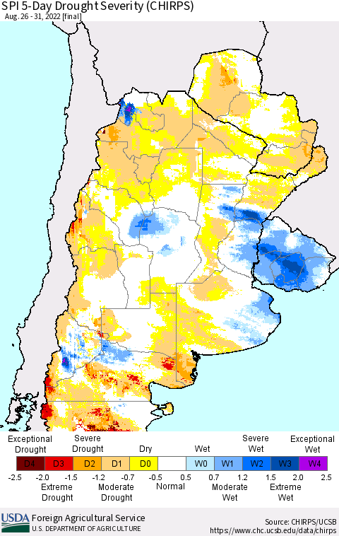 Southern South America SPI 5-Day Drought Severity (CHIRPS) Thematic Map For 8/26/2022 - 8/31/2022