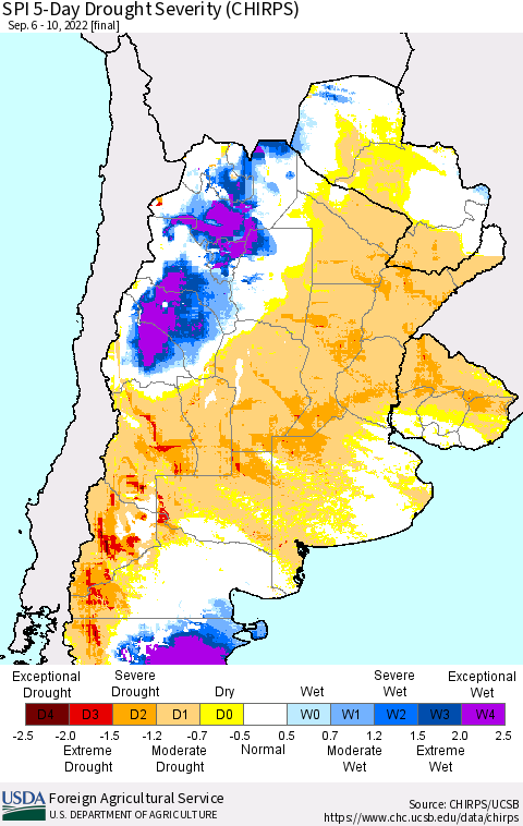 Southern South America SPI 5-Day Drought Severity (CHIRPS) Thematic Map For 9/6/2022 - 9/10/2022