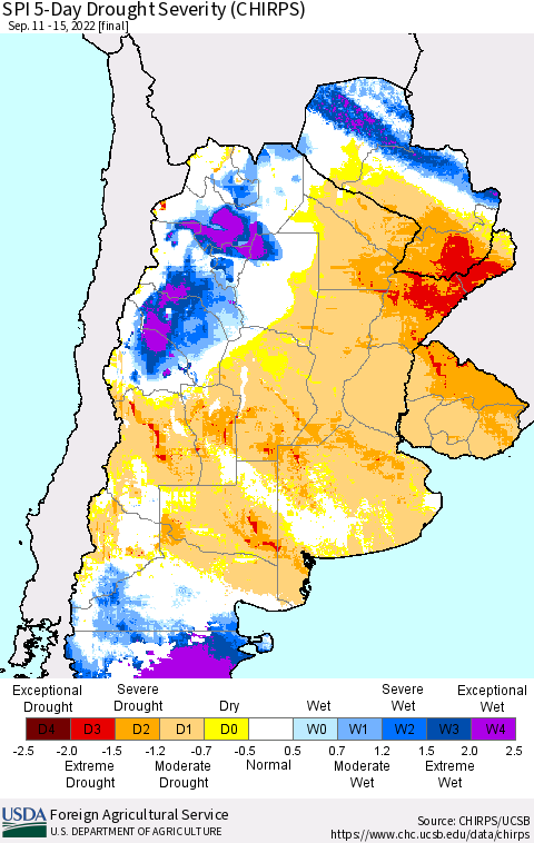 Southern South America SPI 5-Day Drought Severity (CHIRPS) Thematic Map For 9/11/2022 - 9/15/2022