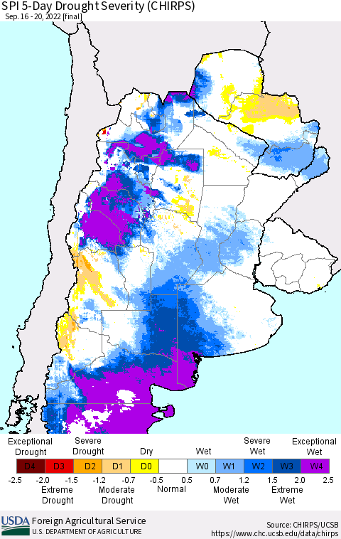 Southern South America SPI 5-Day Drought Severity (CHIRPS) Thematic Map For 9/16/2022 - 9/20/2022