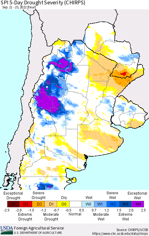Southern South America SPI 5-Day Drought Severity (CHIRPS) Thematic Map For 9/21/2022 - 9/25/2022
